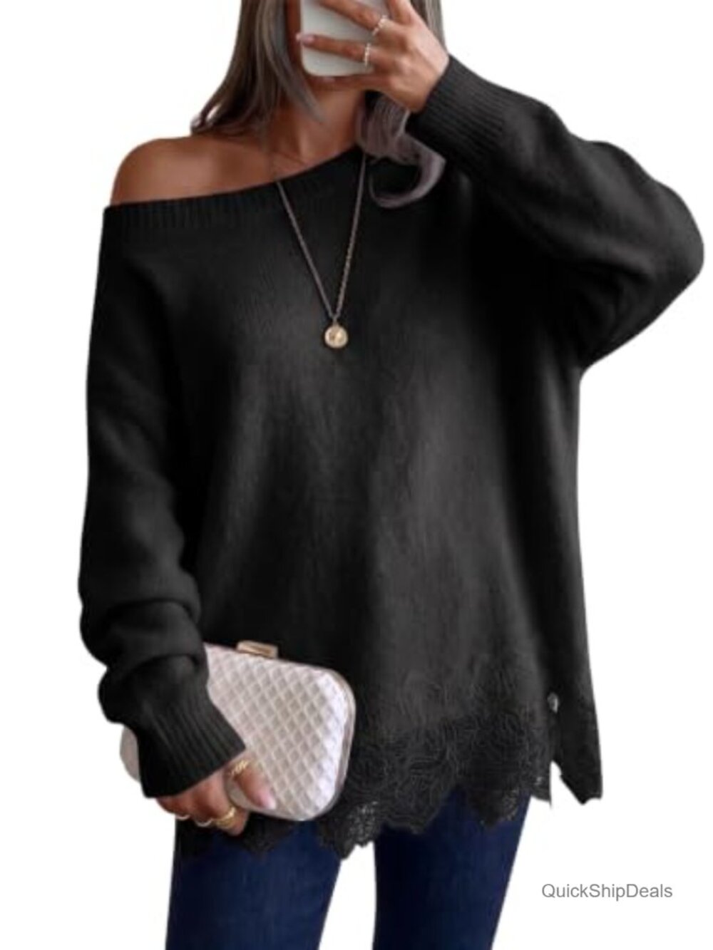 Womens Lace Patchwork Sweater Long Sleeve Boat Neck Pullover